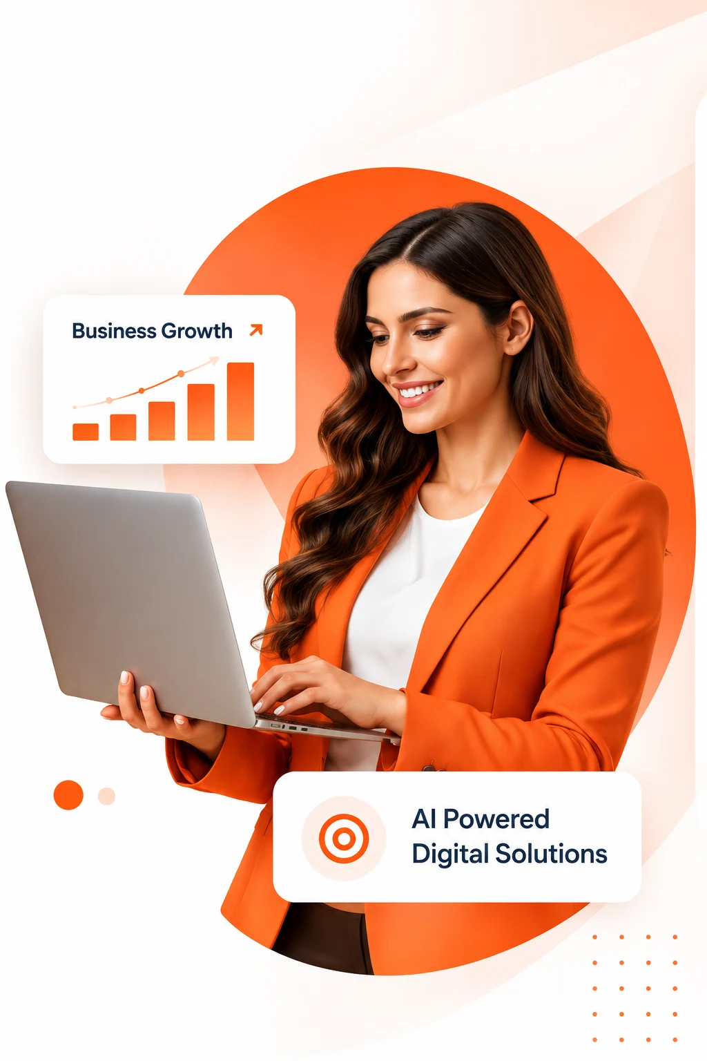 Business professional in an orange blazer using a laptop, with Business Growth and AI Powered Digital Solutions badges